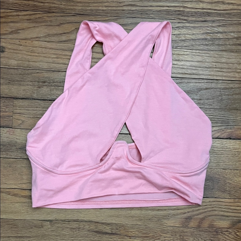 SHEIN Light Pink/peach cross front cropped tank top